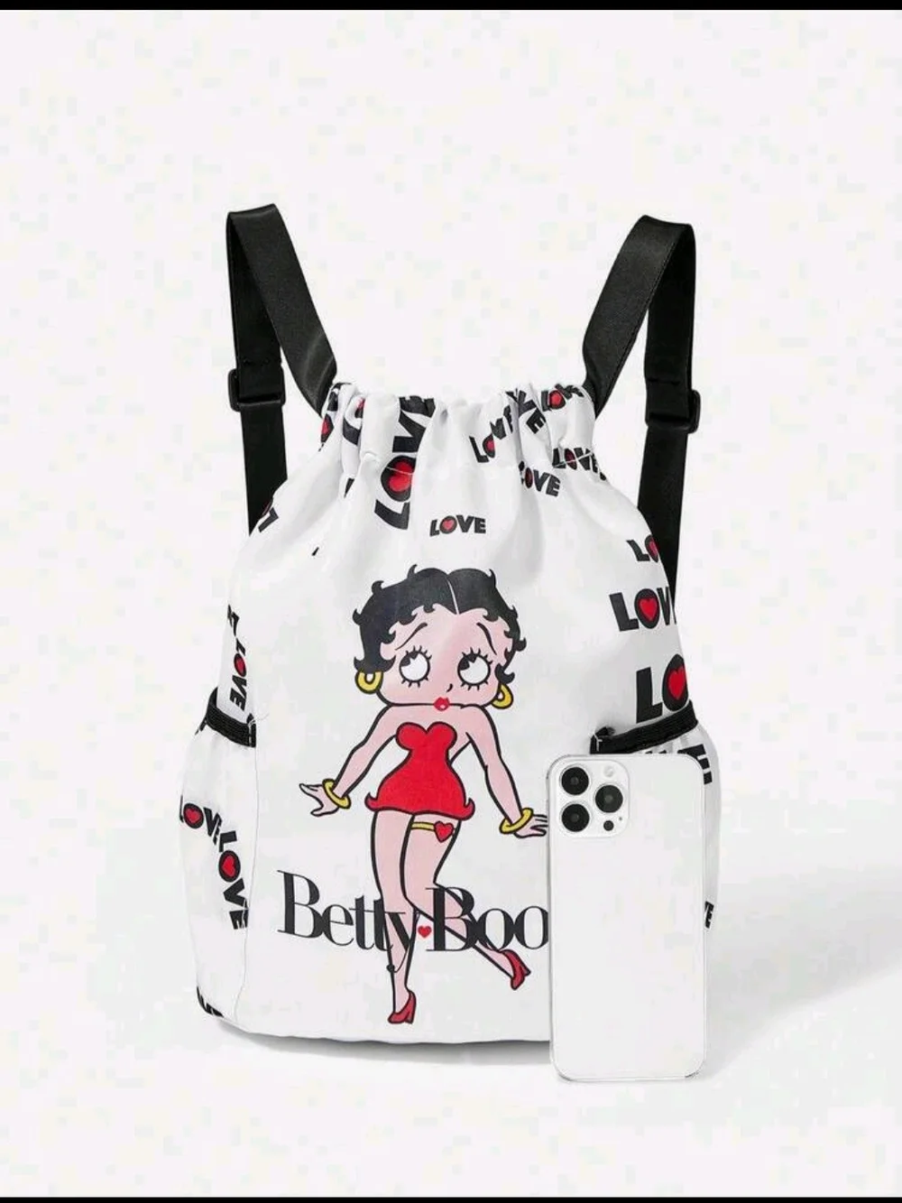 Betty Boop Drawstring Backpack — White with Red & Black Print